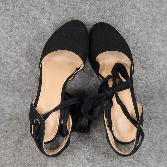 Express Shoes Womens 6 Wedge Sandals Espadrille Platform Black Ankle Wrap Tie - Picture 8 of 12